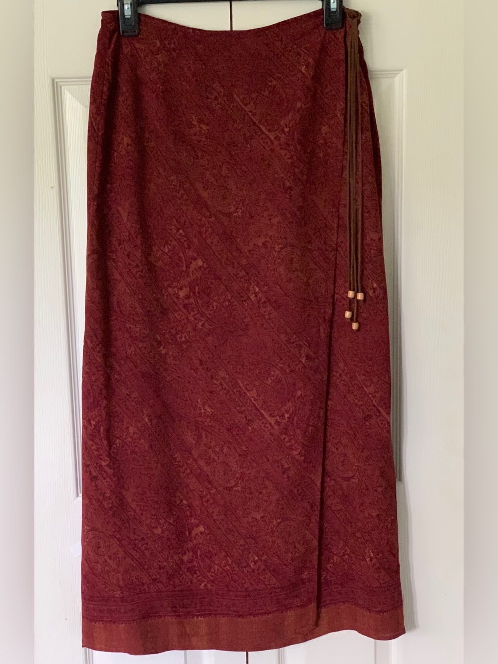 Norton McNaughton Burnt Red Maxi Skirt Side zip with faux Suede Ties 30 1/2 W